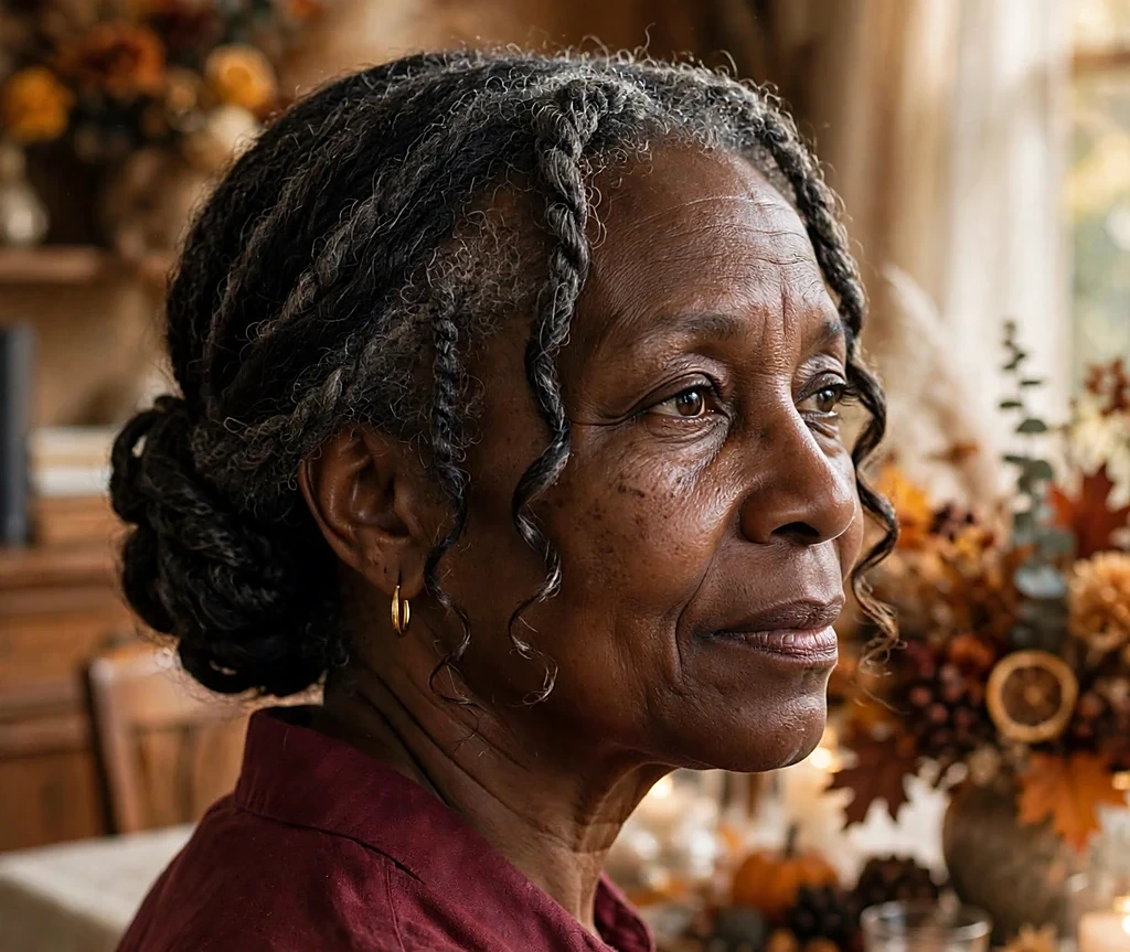 Black woman with a low twisted chignon and soft face-framing twists, wearing a burgundy blouse in an elegant tea room