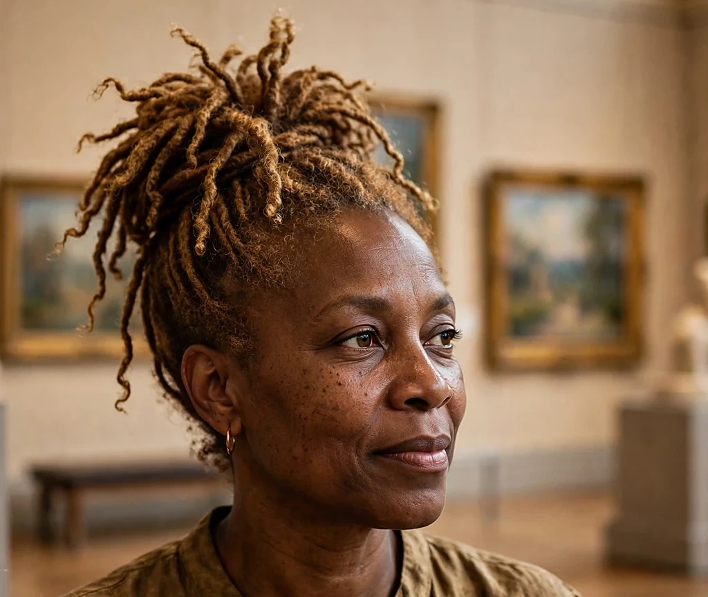 Black woman with golden-chestnut locs swept into a high updo, wearing a bronze blouse in an art museum
