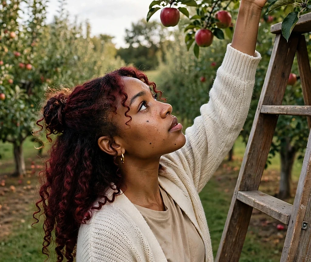 Black woman with a cranberry half-up style and flowing curls, wearing a cream cardigan while picking apples in an orchard