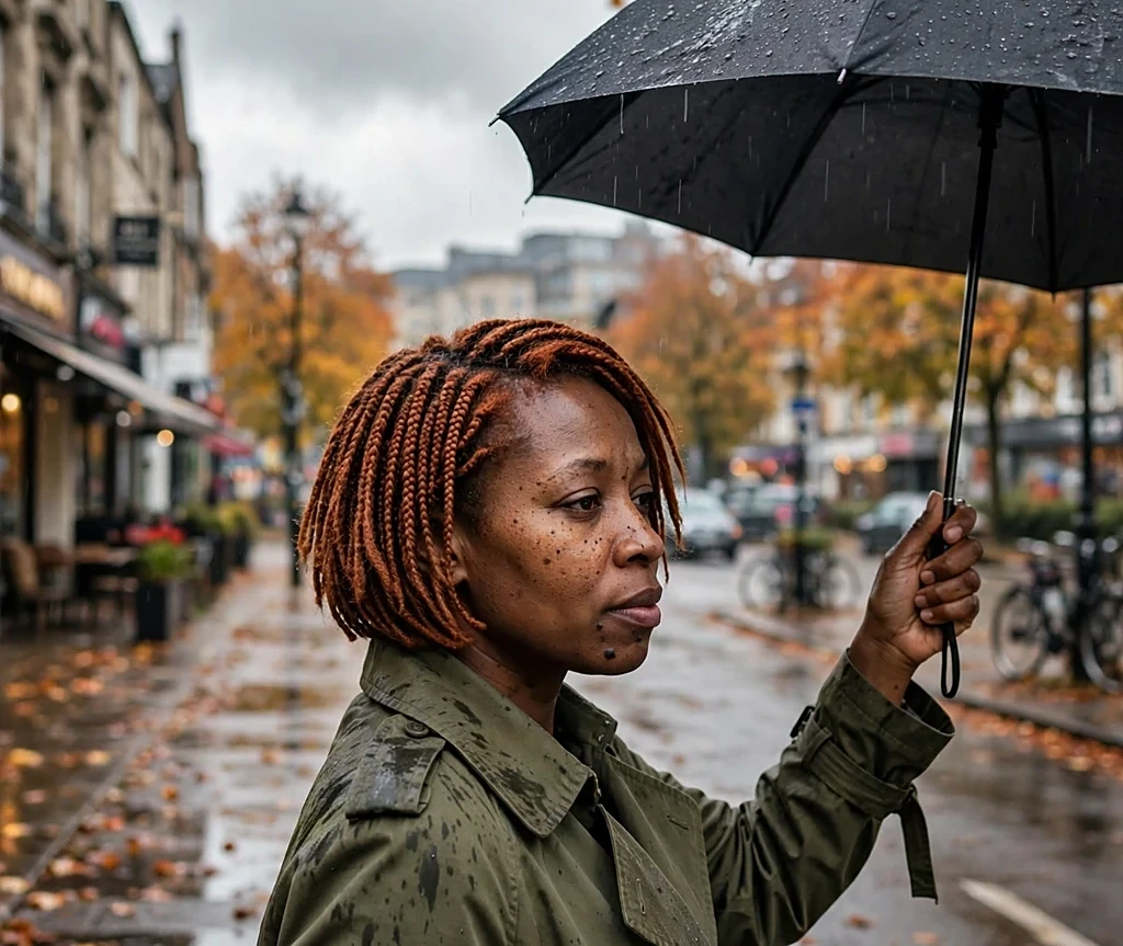 Black woman with a spice-toned braided bob, wearing an olive trench coat on a rainy autumn street with an umbrella