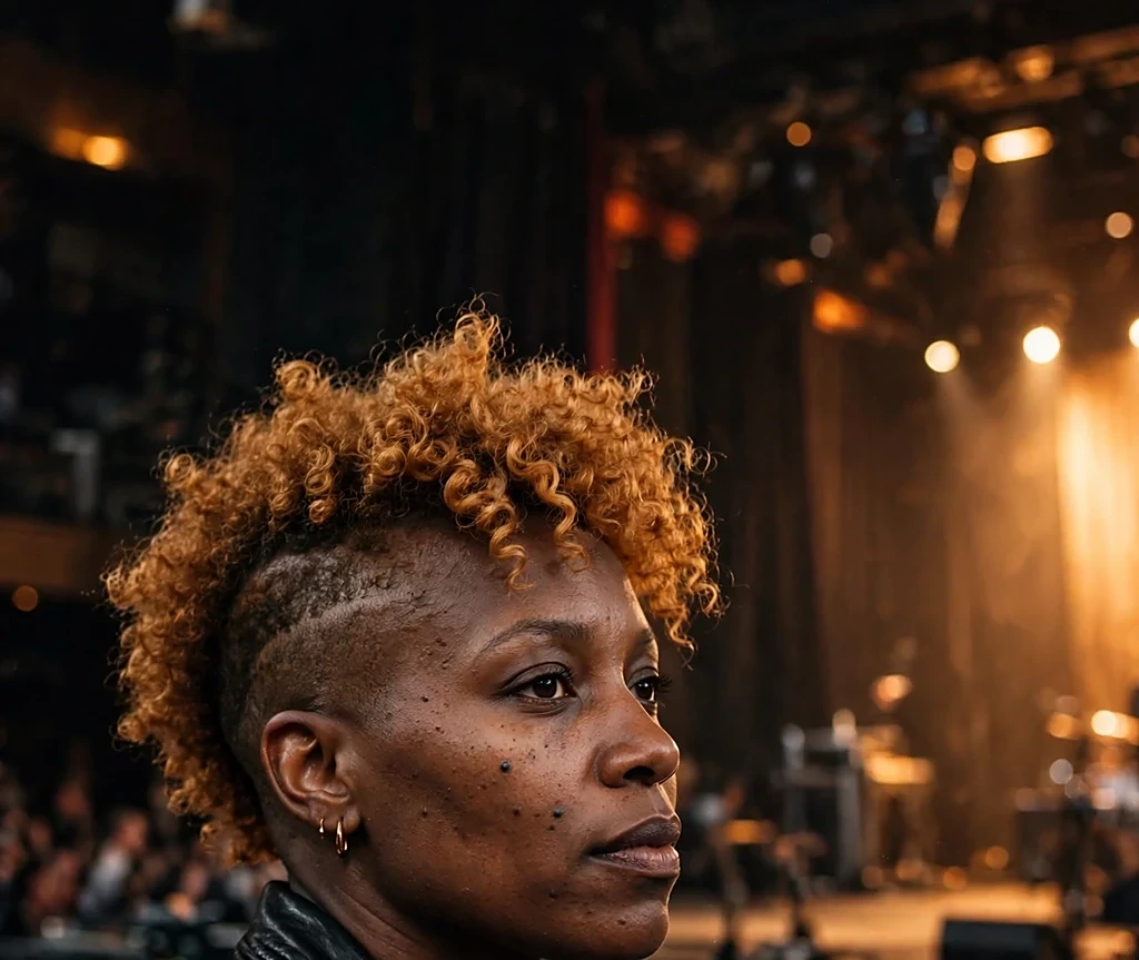 Black woman with an amber curly frohawk, wearing a black leather jacket in a concert venue