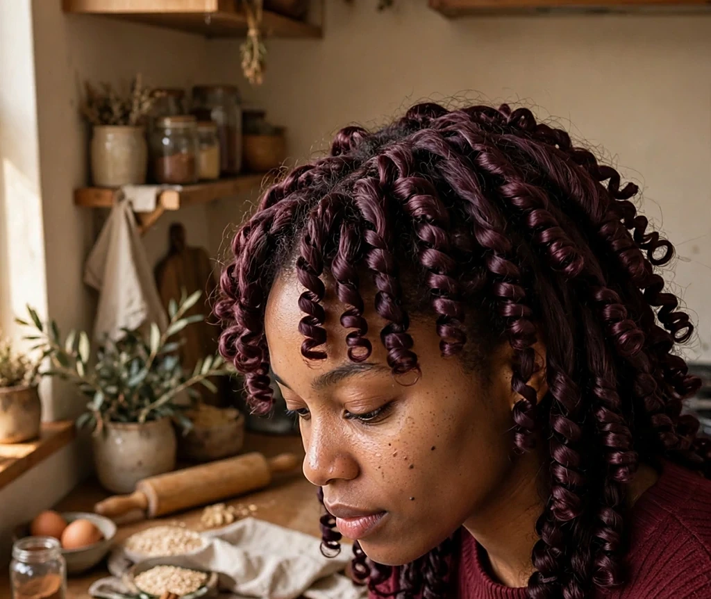 Black woman with mulled-wine finger coils, wearing a burgundy sweater in a cozy kitchen with baking spices