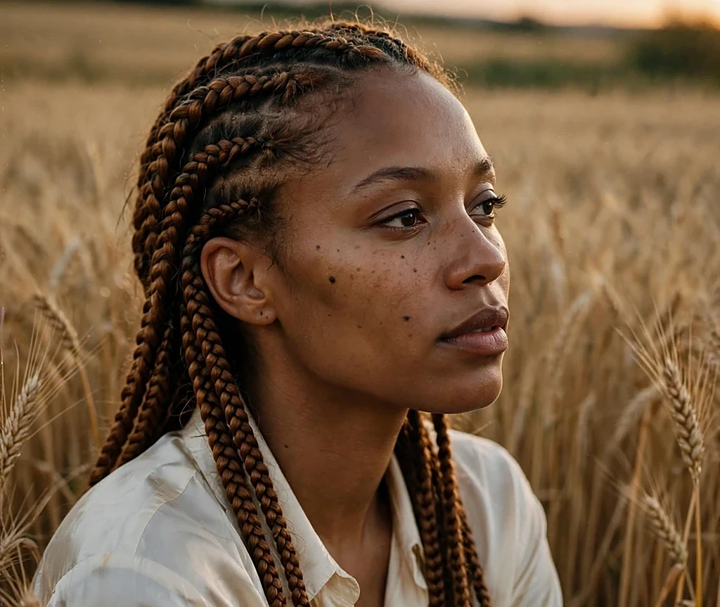 Black woman with warm bronze feed-in stitch braids, wearing a cream silk shirt in a golden field at dusk