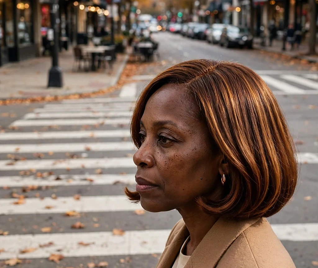 Black woman with a silk-press bob with curved ends, wearing a camel suit on a downtown crosswalk