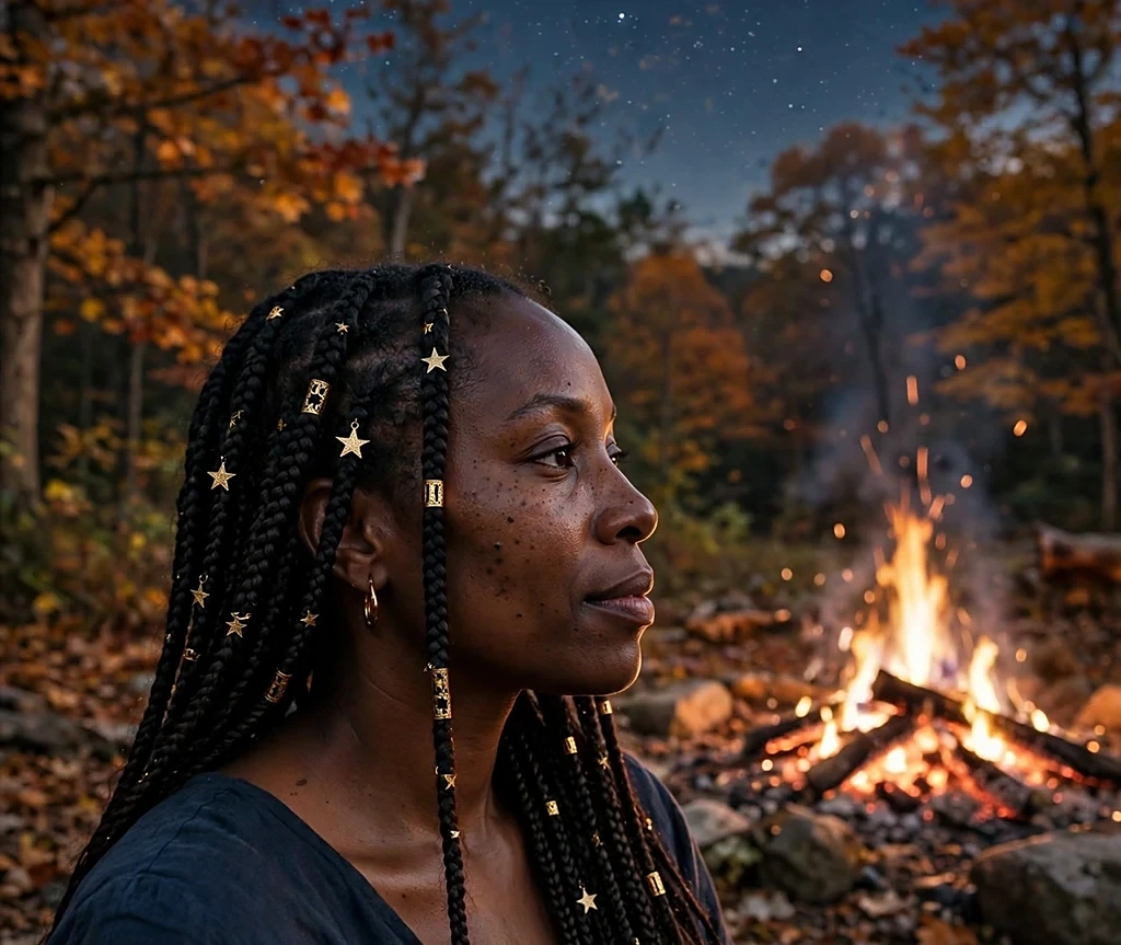 Black woman with long goddess braids adorned with starry gold cuffs, wearing a midnight-blue dress at an evening bonfire