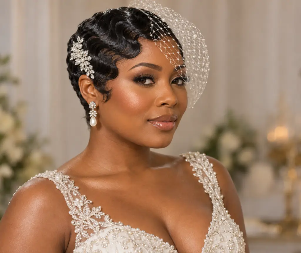 Finger Waves with a Jeweled Clip and Birdcage Veil
