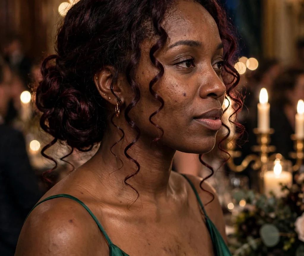 A Black woman in her late twenties with long burgundy-black spiral curls styled in an elegant low chignon, wearing an emerald green satin gown at a formal ballroom event
