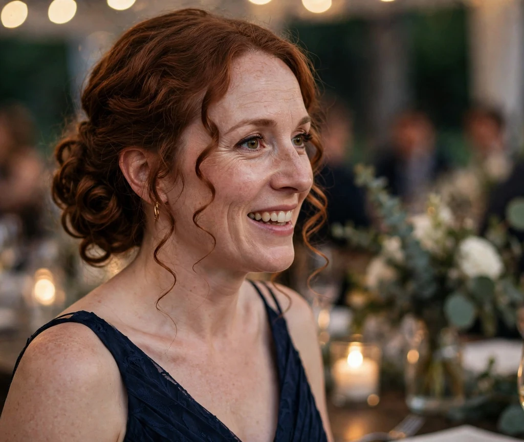 A Caucasian woman in her early thirties with long auburn ringlet curls styled in a classic low chignon, wearing a navy blue formal dress at a wedding reception