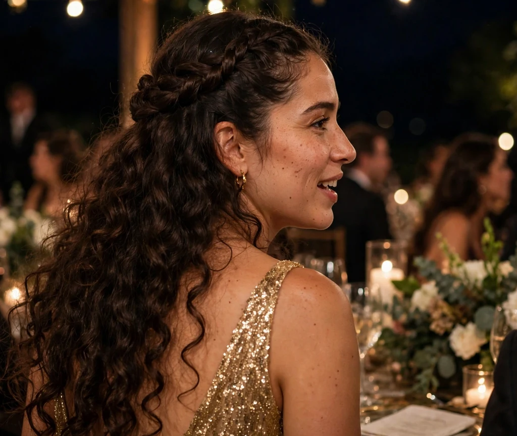 A Latina woman in her mid-twenties with long dark brown voluminous curls styled in a twisted crown with cascading curls, wearing a gold sequin gown at a gala