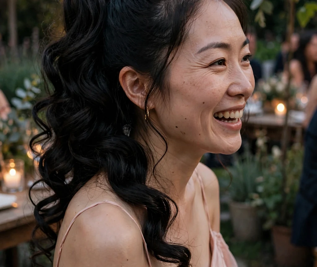 An East Asian woman in her late twenties with long black silky curly hair in an elegant high ponytail, wearing a blush pink gown at an evening garden party