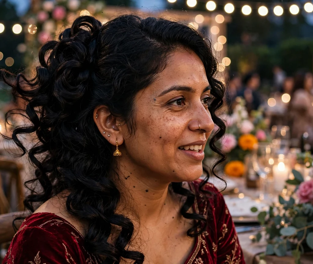 A South Asian woman in her early thirties with long jet black defined curls in a side-swept curly updo, wearing a deep red gown at a wedding