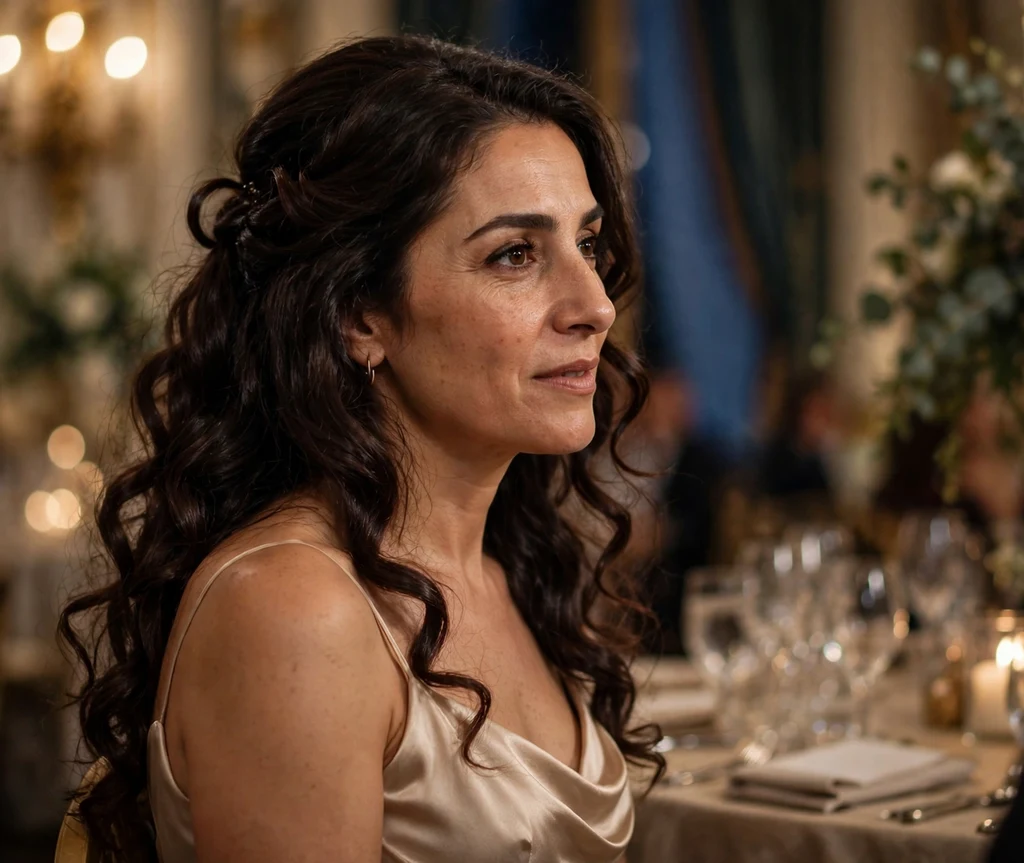 A Middle Eastern woman in her mid-thirties with long dark brown glossy curls in a romantic half-up twist, wearing a champagne silk gown at a ballroom