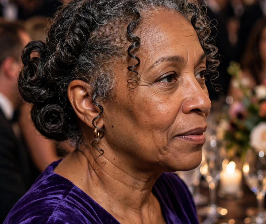 A Black woman in her mid-forties with salt-and-pepper tight coils styled in a formal French twist, wearing a royal purple dress at a gala