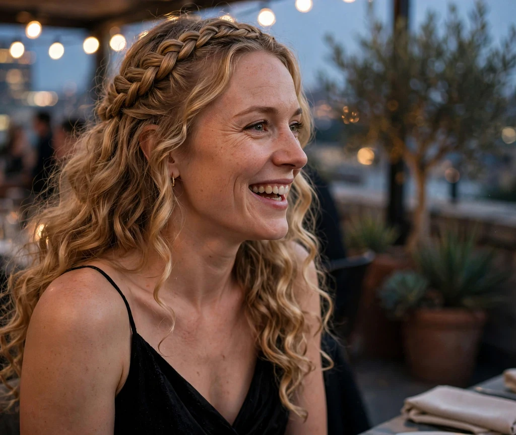 A Caucasian woman in her late twenties with long honey blonde curls styled in a braided halo with voluminous curls, wearing a black evening gown at a rooftop event