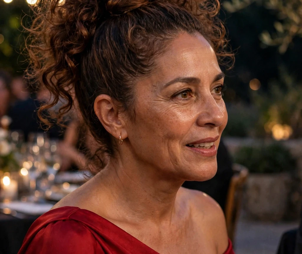 A Latina woman in her early forties with chestnut brown curls in a sleek top knot with curly ends, wearing a scarlet red gown at an evening event