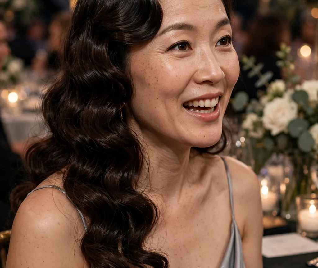 An East Asian woman in her mid-thirties with long dark brown loose curls styled as vintage Hollywood curls, wearing a silver grey gown at a charity gala
