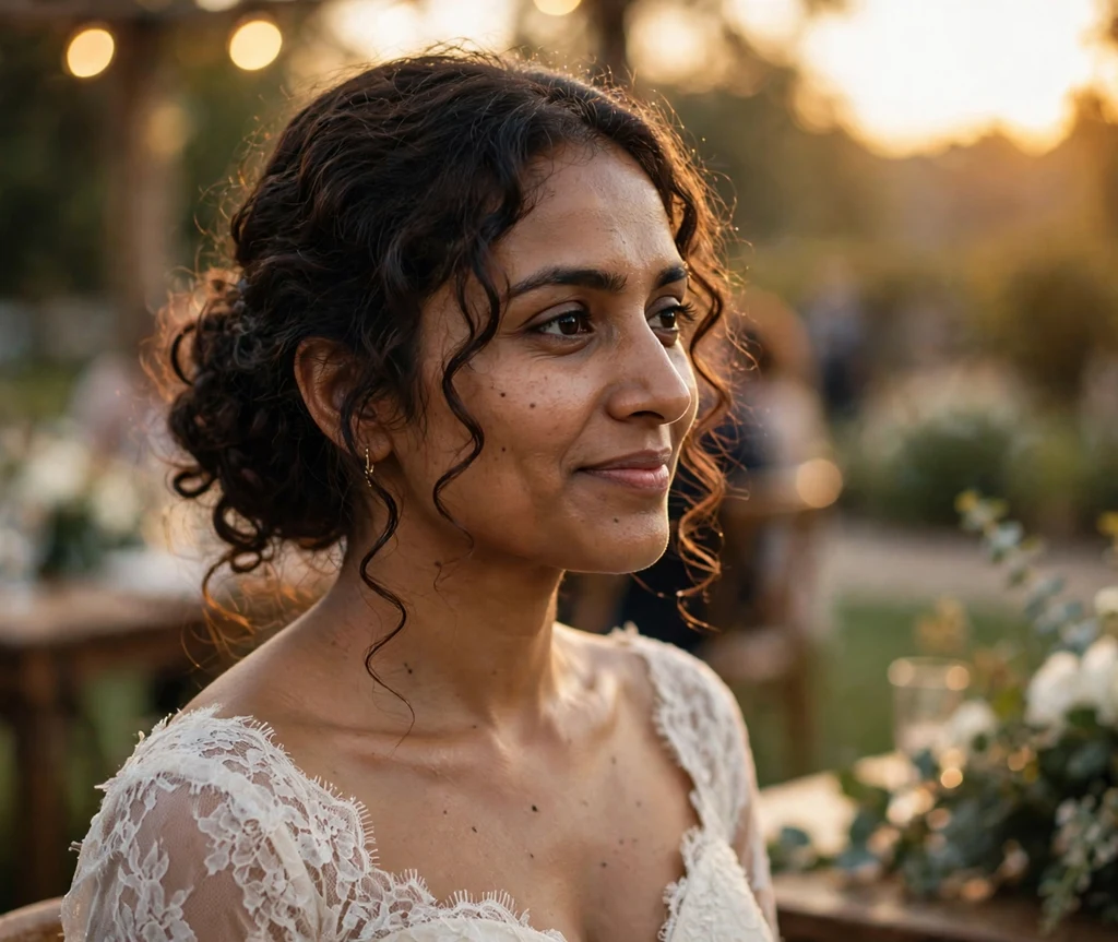A South Asian woman in her late twenties with long dark brown soft curls in a loose low bun with face-framing tendrils, wearing an ivory white gown at an outdoor evening wedding
