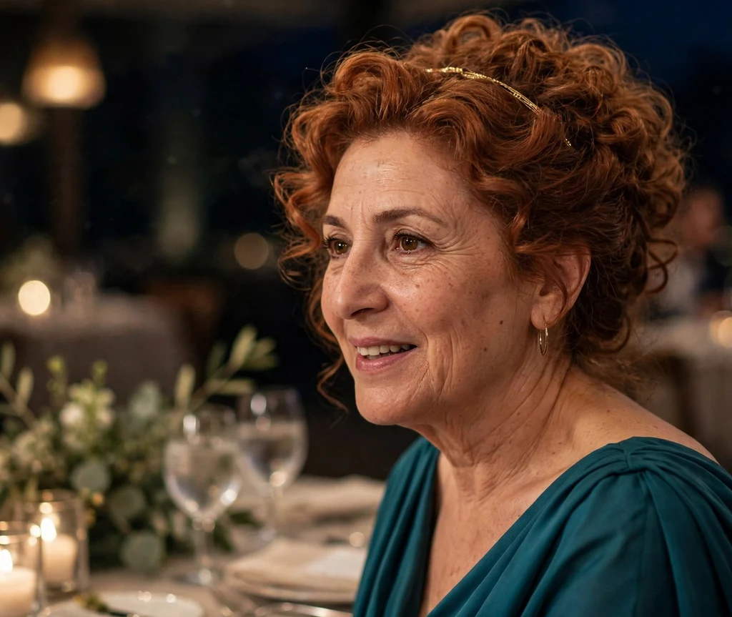 A Middle Eastern woman in her early forties with auburn copper curls in a Grecian-inspired curly updo, wearing a teal gown at a formal dinner