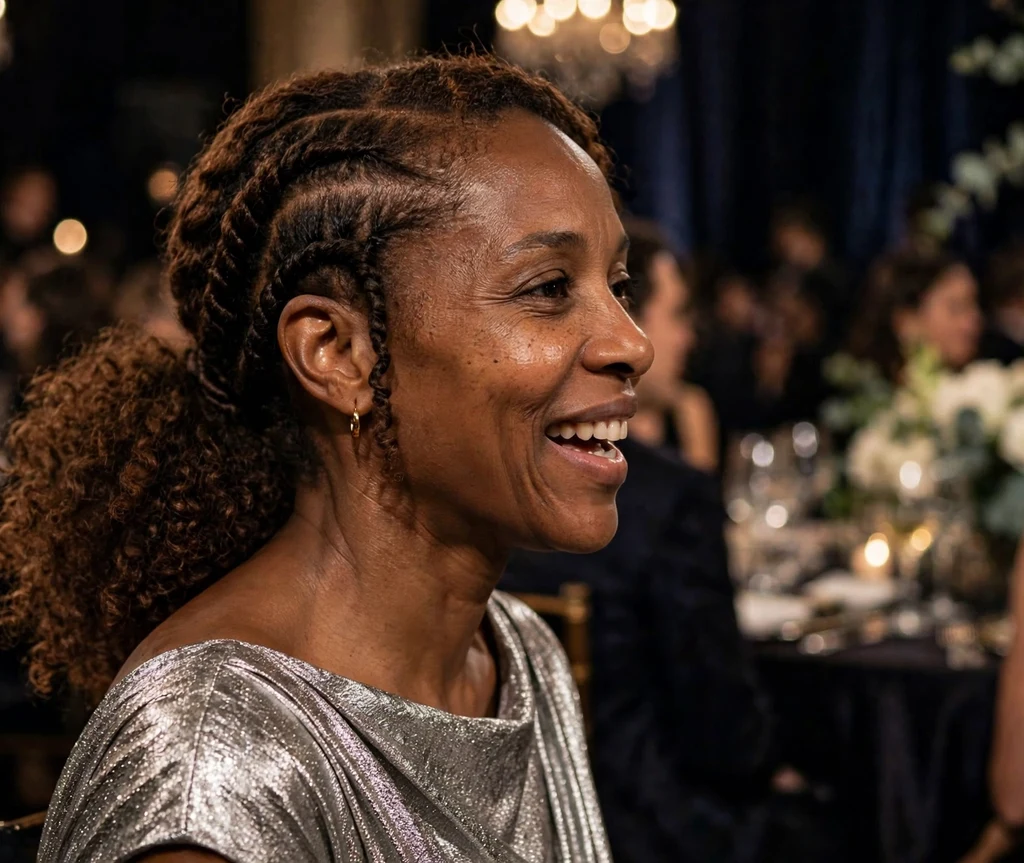 A Black woman in her early thirties with rich brown kinky curls in a twisted low ponytail with curl detail, wearing a metallic silver dress at a fashion gala