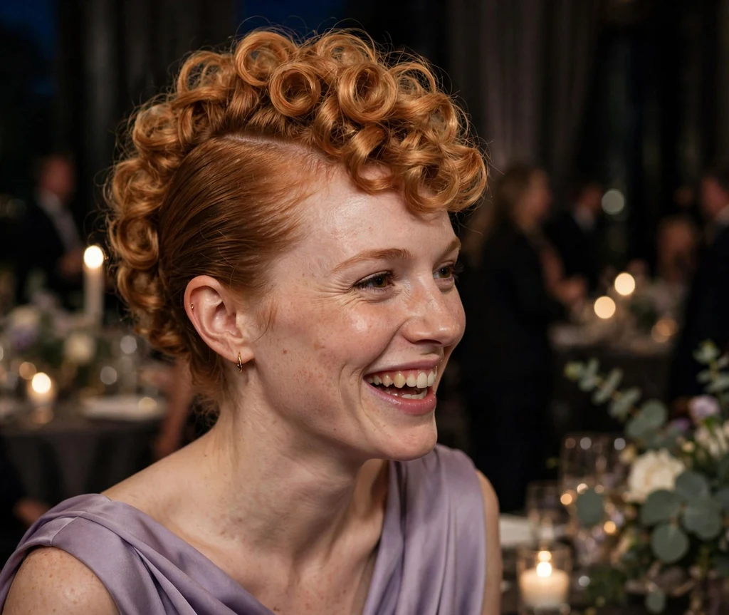A Caucasian woman in her mid-twenties with strawberry blonde curls styled in a curly faux hawk updo, wearing a lavender gown at a formal event