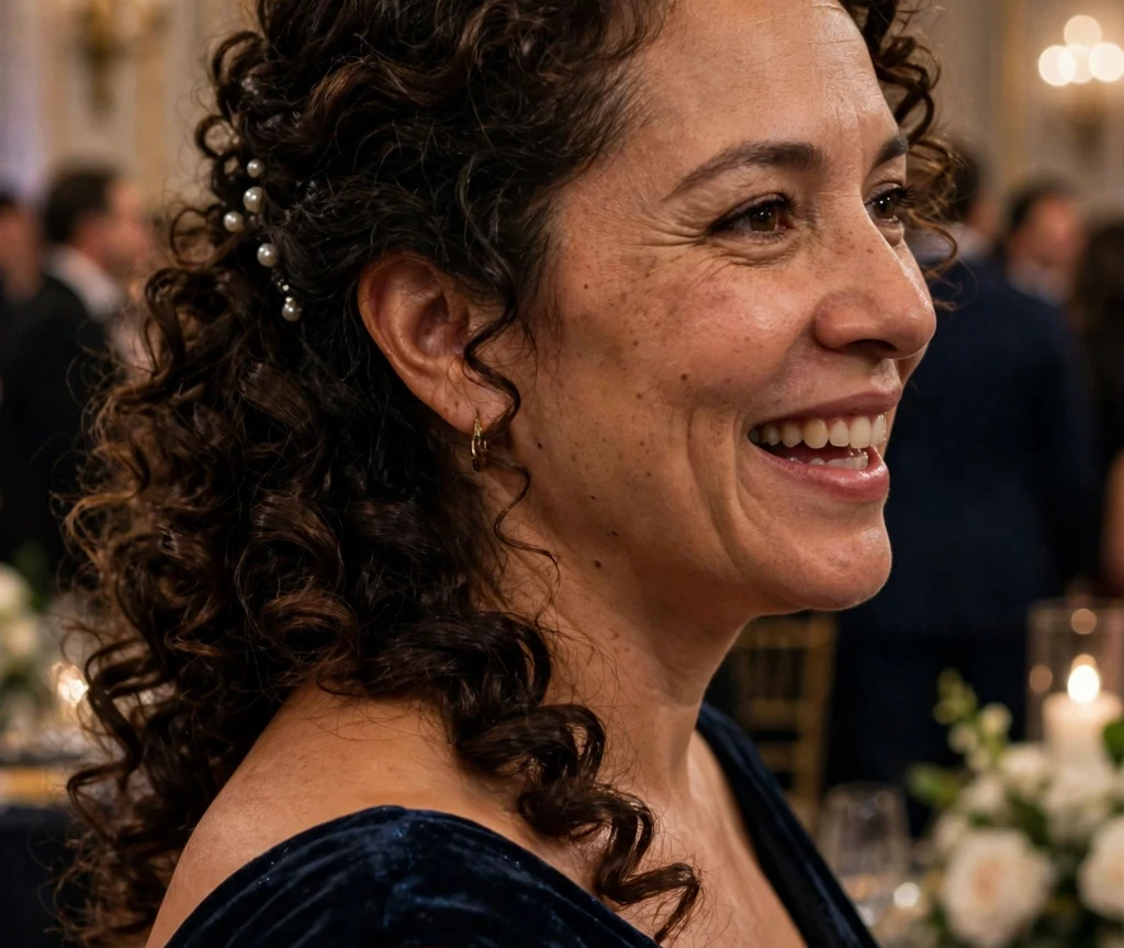 A Latina woman in her late thirties with dark brown spiral curls styled in an elegant curly side ponytail with pearl pins, wearing a midnight blue gown at a ballroom