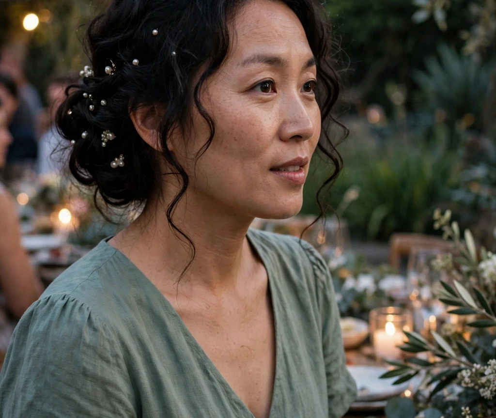 An East Asian woman in her early thirties with long black wavy curls in a pearl-pinned curly chignon, wearing a sage green dress at an evening garden party