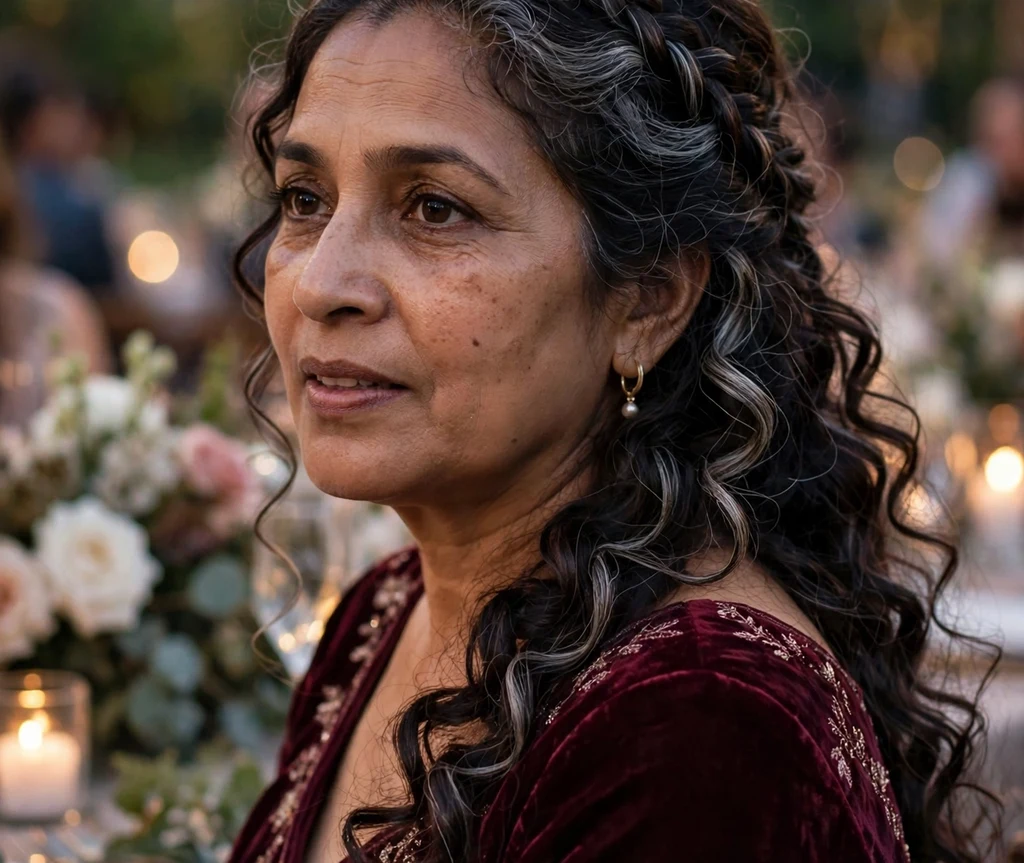 A South Asian woman in her mid-forties with dark brown curls and silver strands in a waterfall braid with long curls, wearing a deep maroon gown at a wedding
