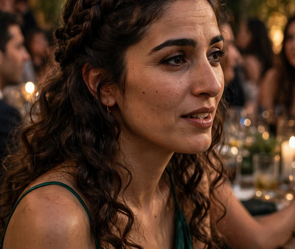 A Middle Eastern woman in her late twenties with long dark brown curls in a sophisticated French braid crown, wearing an emerald gown at an evening party