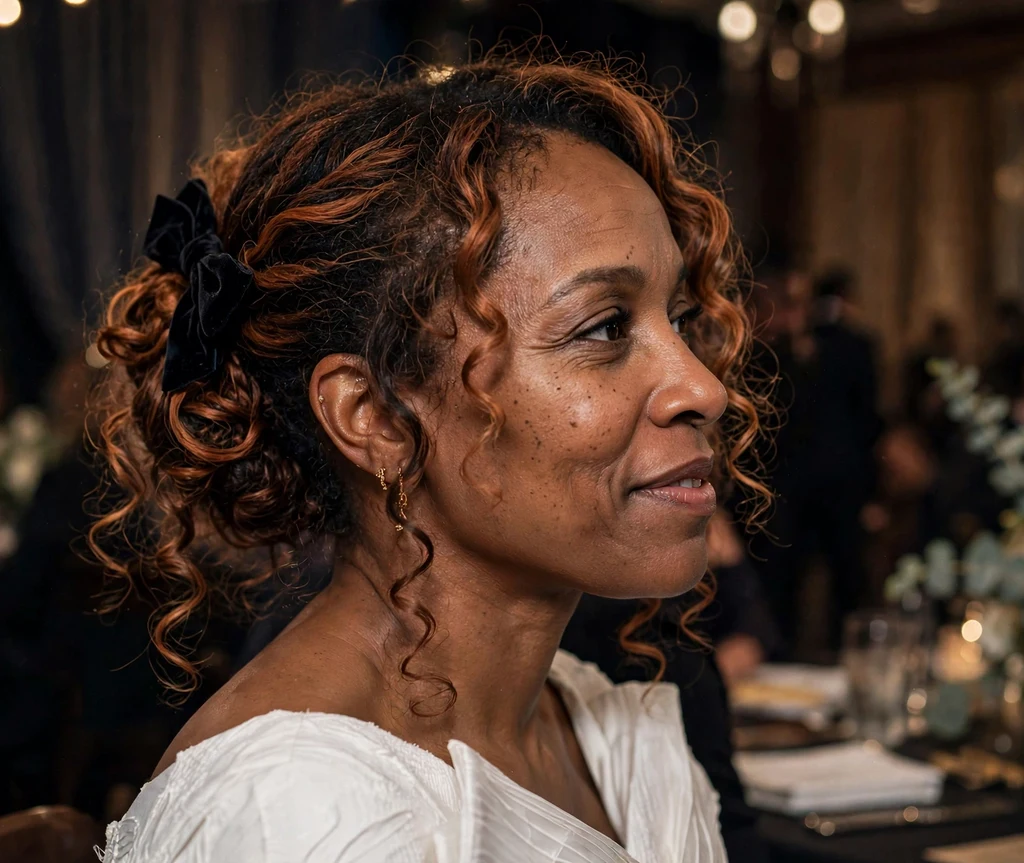 A Black woman in her mid-thirties with copper-highlighted curls in a twisted updo with a velvet bow, wearing a white gown at an award ceremony
