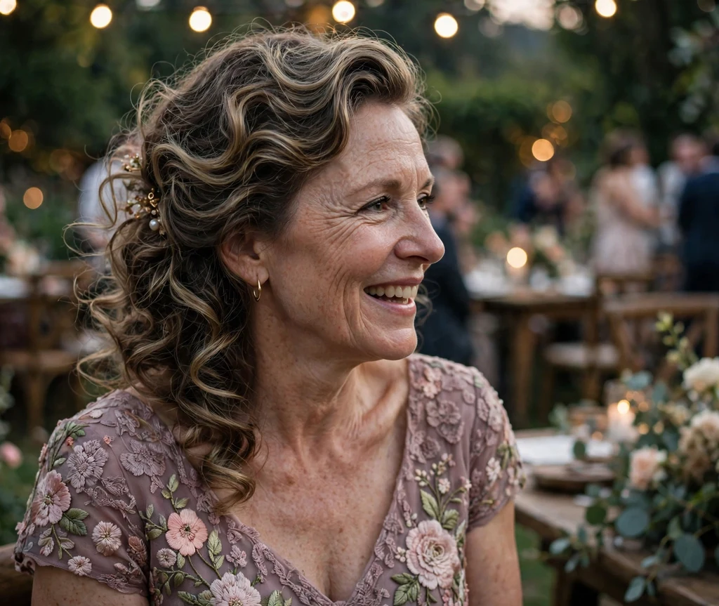 A Caucasian woman in her early forties with dark blonde curls in an asymmetric curly sweep, wearing a floral-embellished dress at a garden wedding