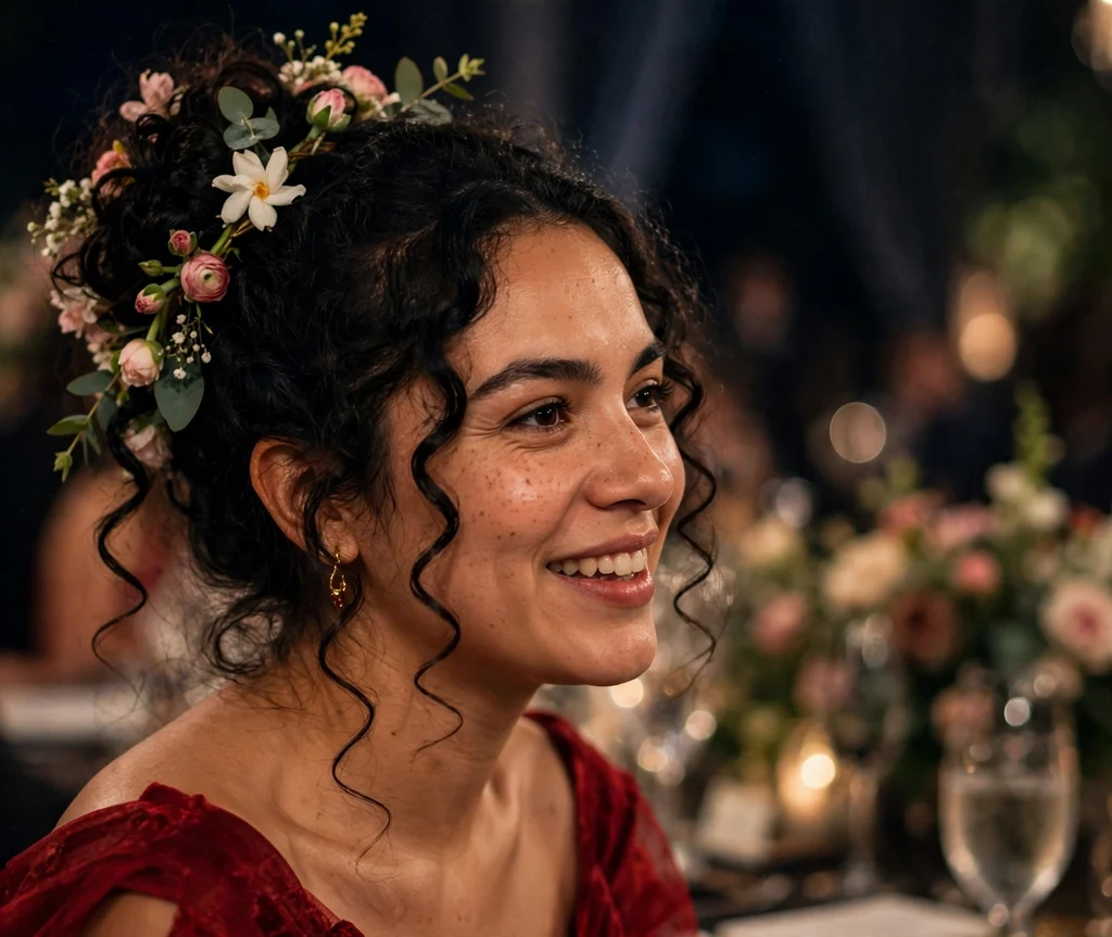 A Latina woman in her mid-twenties with long jet black curls in a floral-adorned curly bun, wearing a red gown at a gala