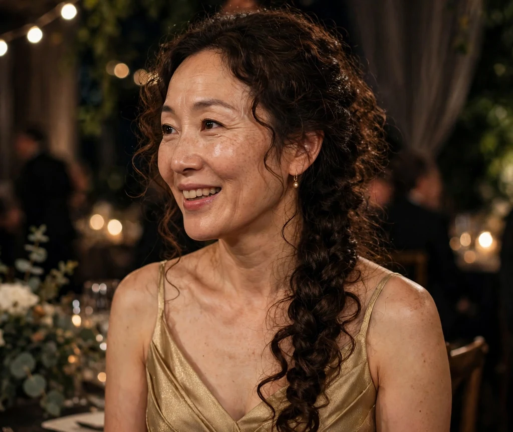 An East Asian woman in her late thirties with long dark brown curls in an elegant curly fishtail braid, wearing a gold dress at a formal event
