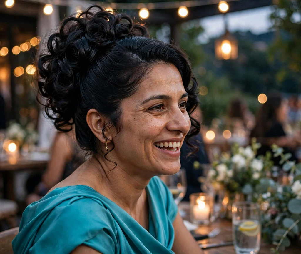 A South Asian woman in her early thirties with long black glossy curls in a polished curly puff updo, wearing a turquoise gown at an evening celebration