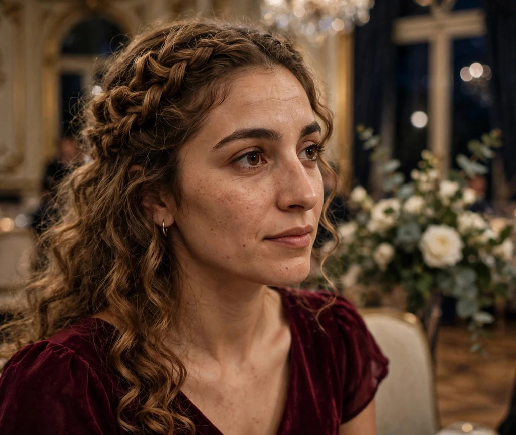 A Middle Eastern woman in her mid-twenties with long light brown curls in romantic curly milkmaid braids, wearing a burgundy dress at a ballroom