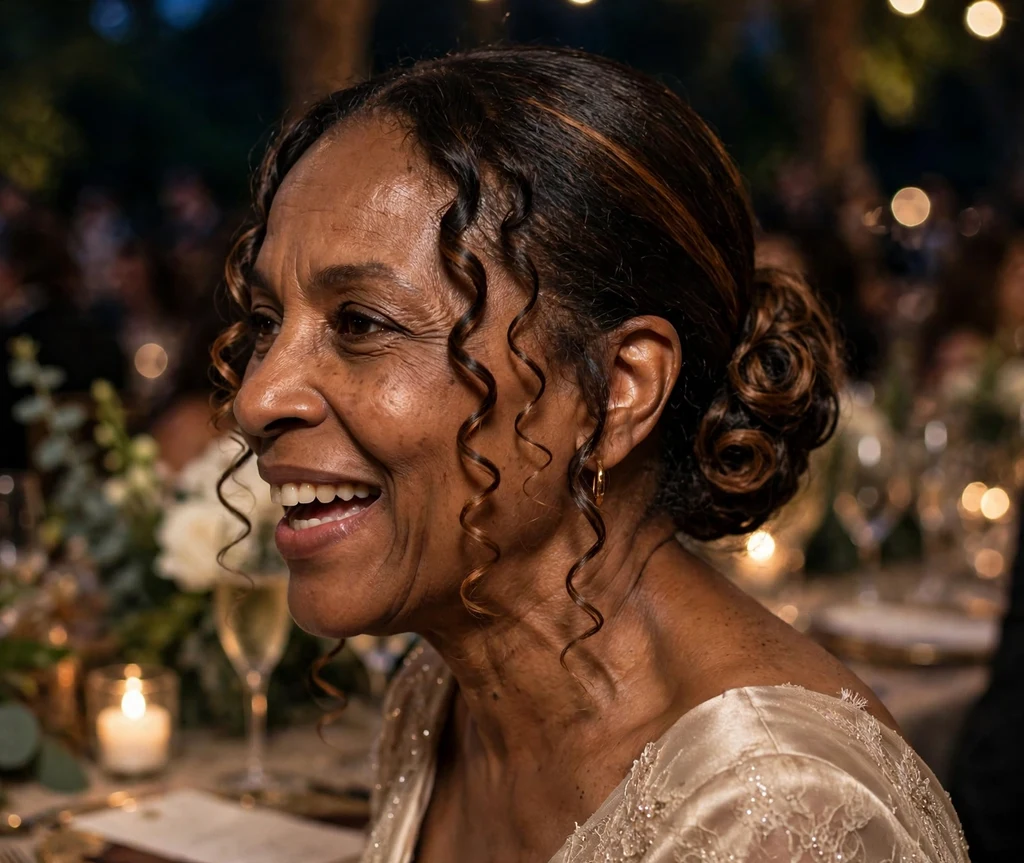 A Black woman in her late forties with dark brown and caramel highlighted curls in a sleek bun with spiral curl accents, wearing a champagne gown at a gala