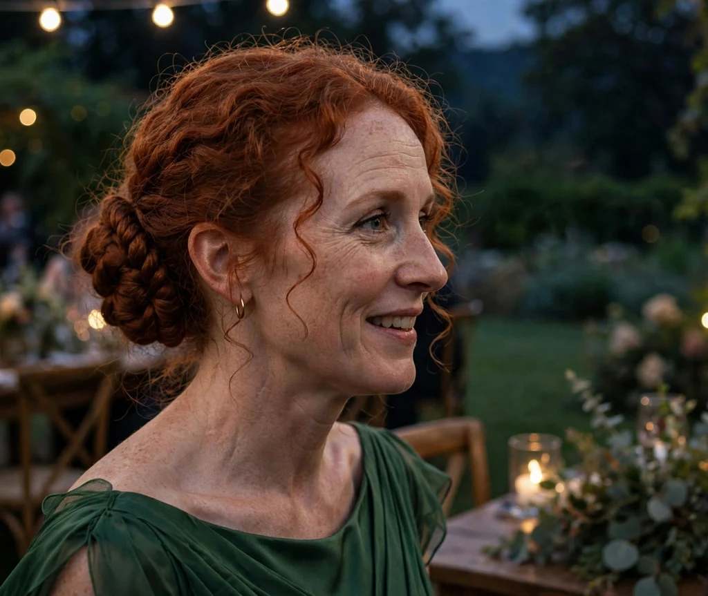 A Caucasian woman in her mid-thirties with redhead tight curls in a twisted rope braid chignon, wearing a forest green gown at an evening wedding