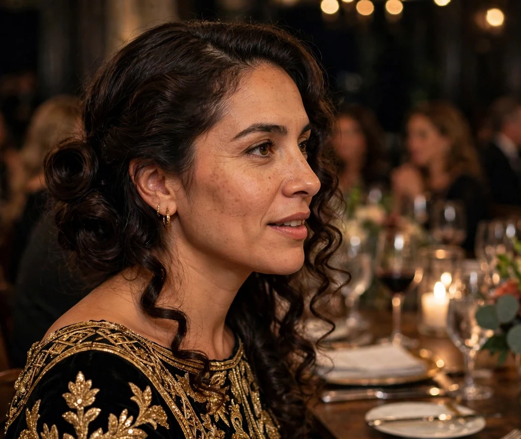A Latina woman in her early thirties with long dark brown curls in a classic curly Gibson tuck, wearing a black and gold gown at a formal dinner