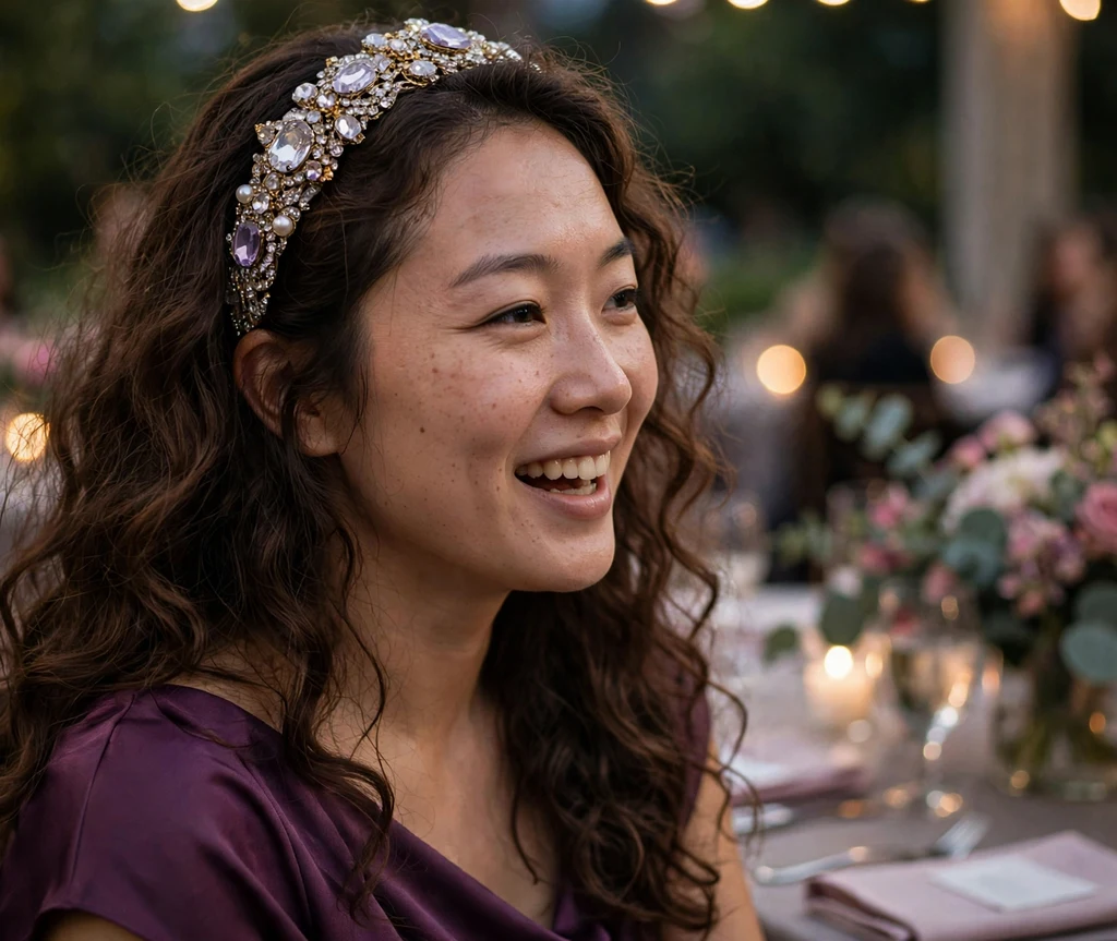 An East Asian woman in her mid-twenties with long espresso brown curls styled with a statement headband, wearing a plum dress at a charity event