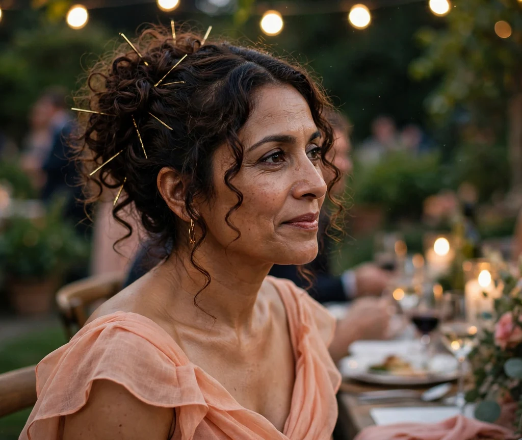 A South Asian woman in her late thirties with long dark brown middle-part curls in a textured curly updo with gold pins, wearing a peach gown at a garden party