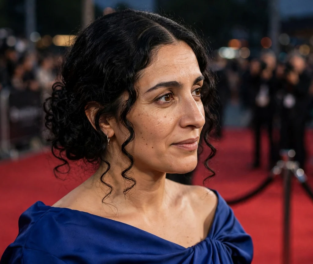 A Middle Eastern woman in her early thirties with long black curls in a soft curly bun with a middle part, wearing a royal blue gown at a red carpet event