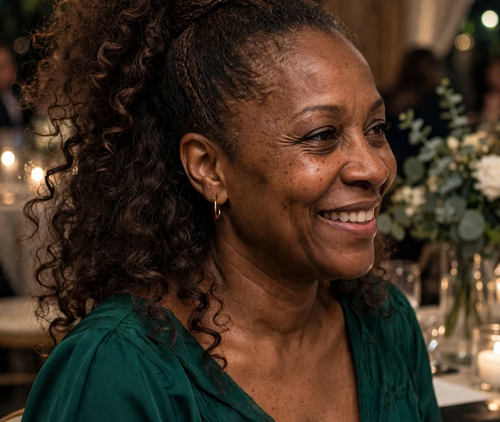 A Black woman in her early forties with deep brown curls in an elevated curly ponytail with a hair wrap, wearing an emerald green dress at a formal reception