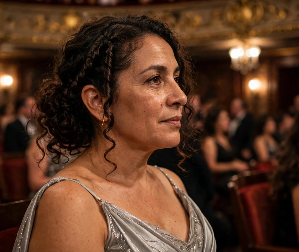 A Latina woman in her mid-forties with dark brown curls in twisted sides with a loose curly bun, wearing a silver gown at an opera night