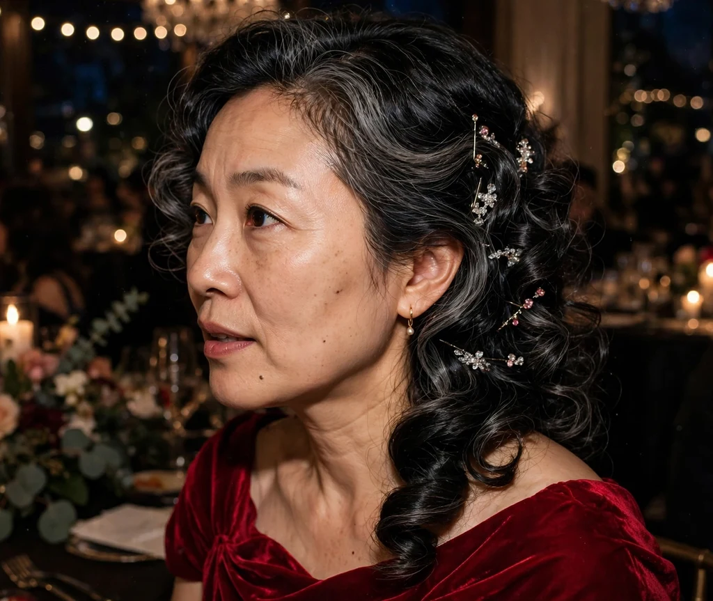 An East Asian woman in her early forties with black curls with grey streaks in a jeweled curly side sweep, wearing a crimson gown at a gala
