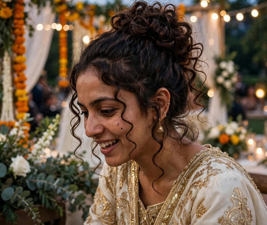 A South Asian woman in her mid-twenties with dark brown glossy curls in a voluminous curly topknot with tendrils, wearing an ivory and gold gown at a wedding ceremony