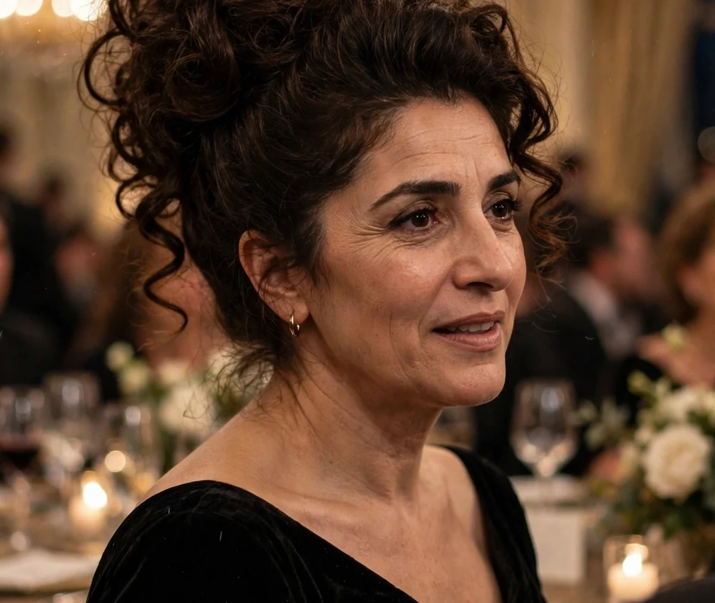 A Middle Eastern woman in her late thirties with dark brown voluminous curls in a grand curly updo with a veil-ready finish, wearing a black velvet gown at a ballroom gala