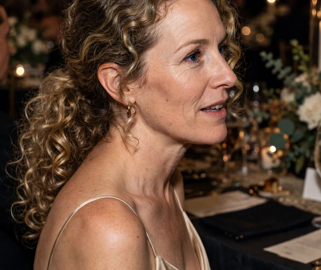 A Caucasian woman in her early thirties with dark blonde curls in a romantic curly low ponytail with a side part, wearing a champagne gown at a charity gala