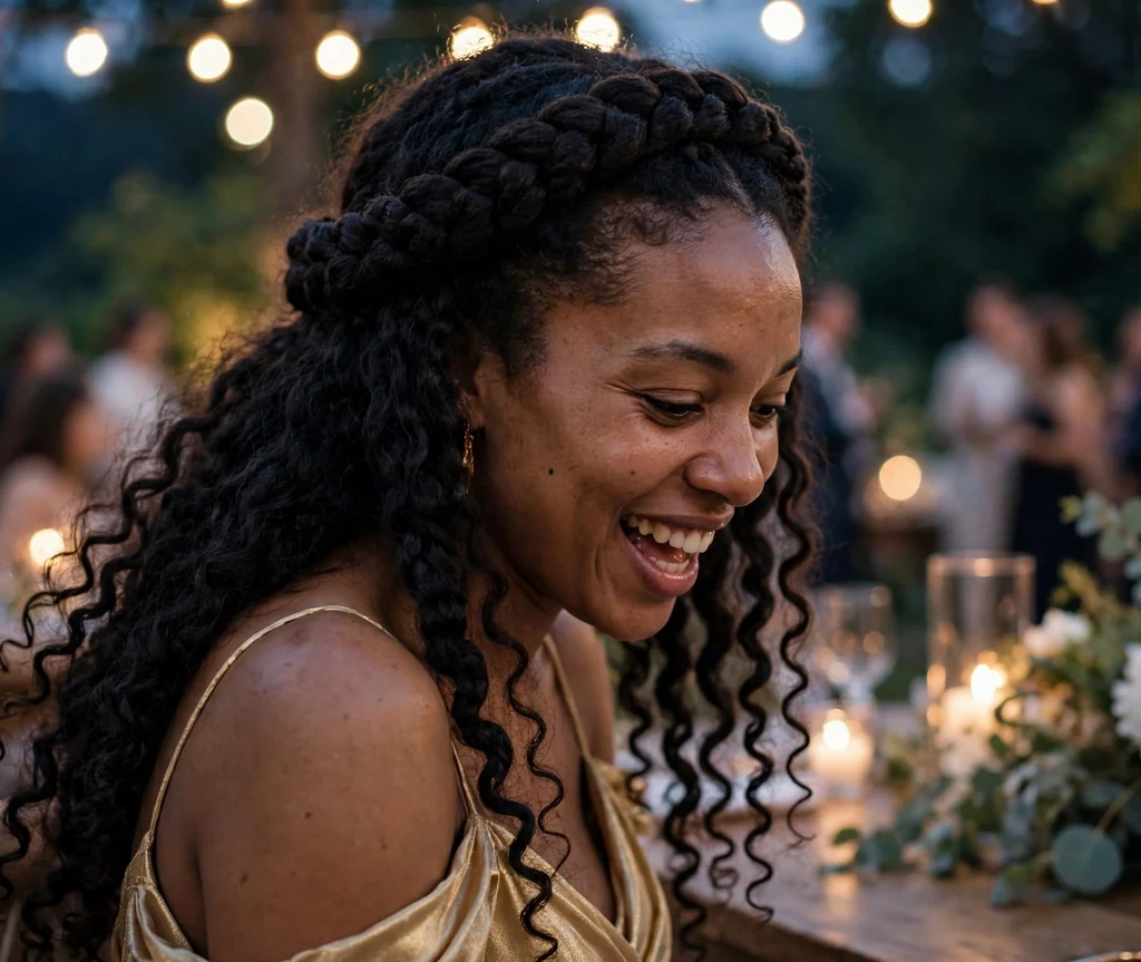 A Black woman in her mid-twenties with natural 4b curls in a braided crown with loose curly ends, wearing a gold gown at an evening wedding