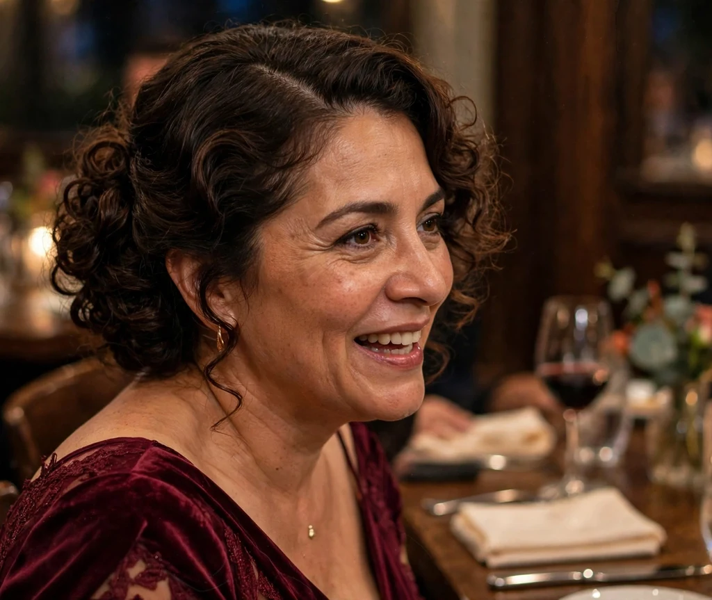 A Latina woman in her early forties with dark brown curls in an elegant curly chignon with a deep side part, wearing a burgundy gown at a formal dinner
