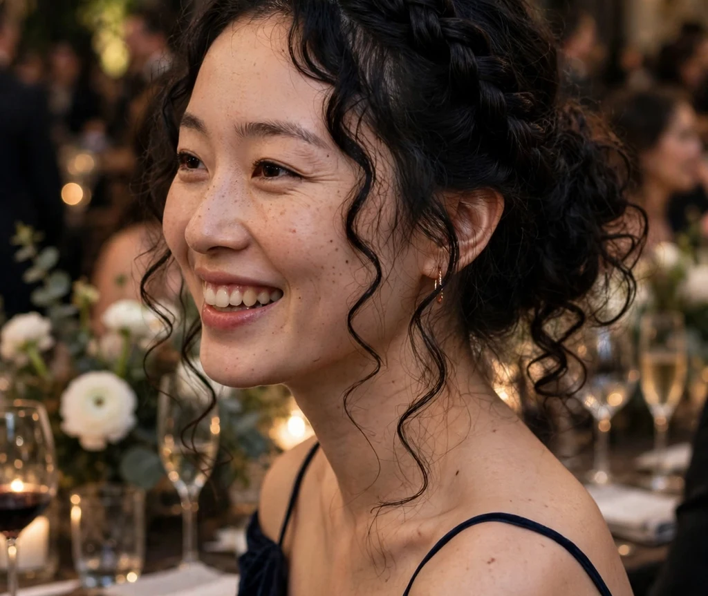 An East Asian woman in her late twenties with long black curls in a twisted halo with a low curly bun, wearing a navy gown at a gala