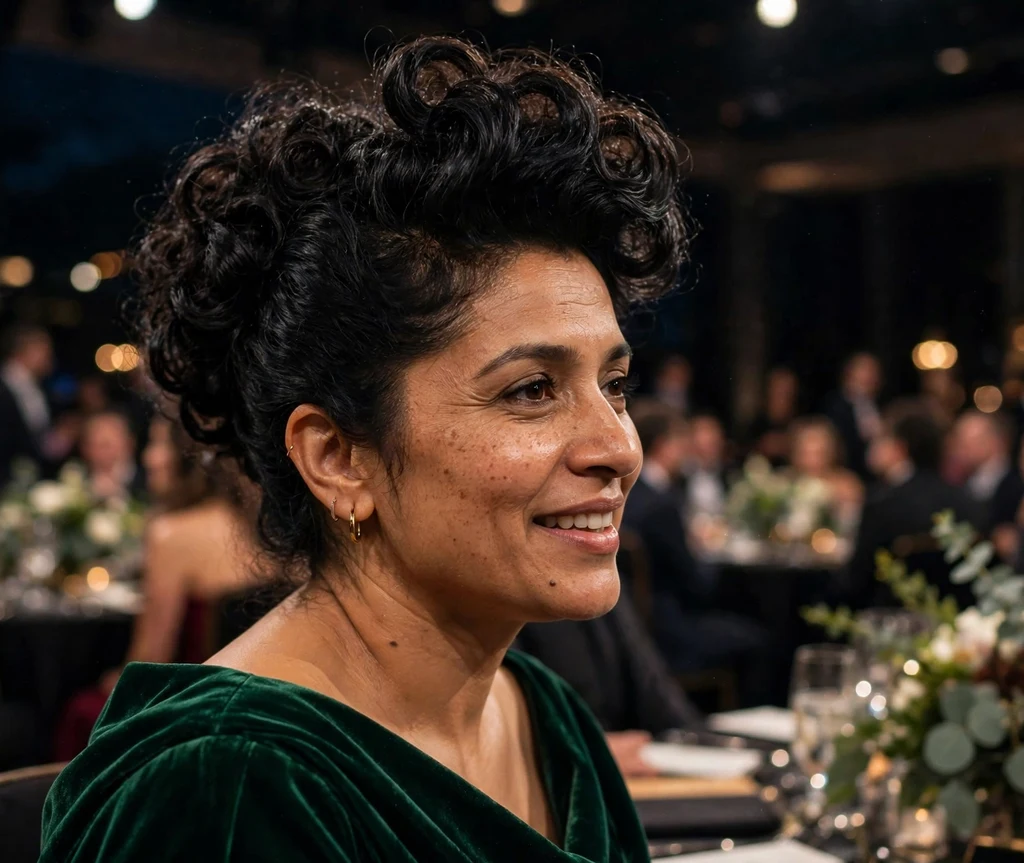 A South Asian woman in her mid-thirties with black voluminous curls in a curly pompadour updo, wearing an emerald gown at an award show